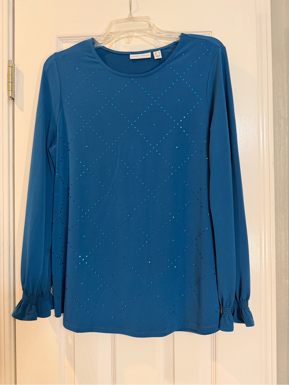 Susan Graver Liquid Knit Embellished Long-Sleeve Top Blue Medium